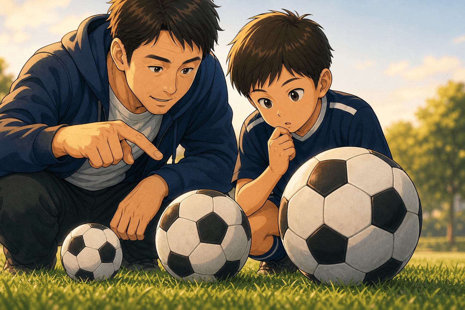 大きさの違う3つのサッカーボールを見比べる親子