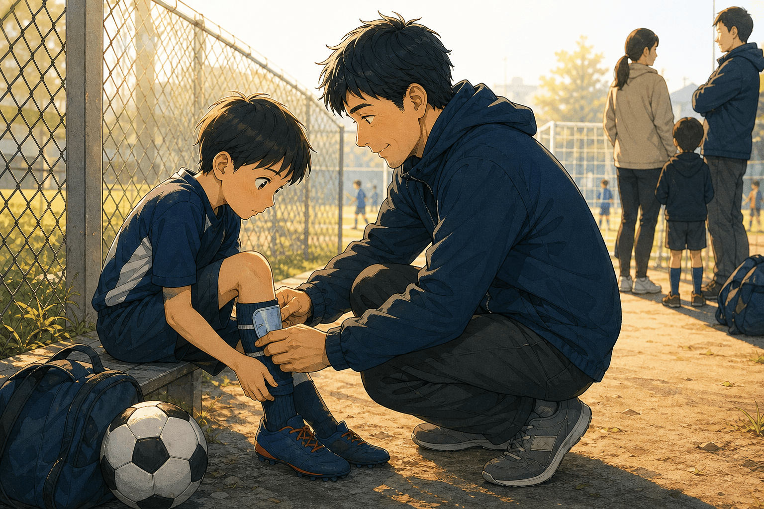 初めての試合前、すね当てを直してあげる父と緊張する少年