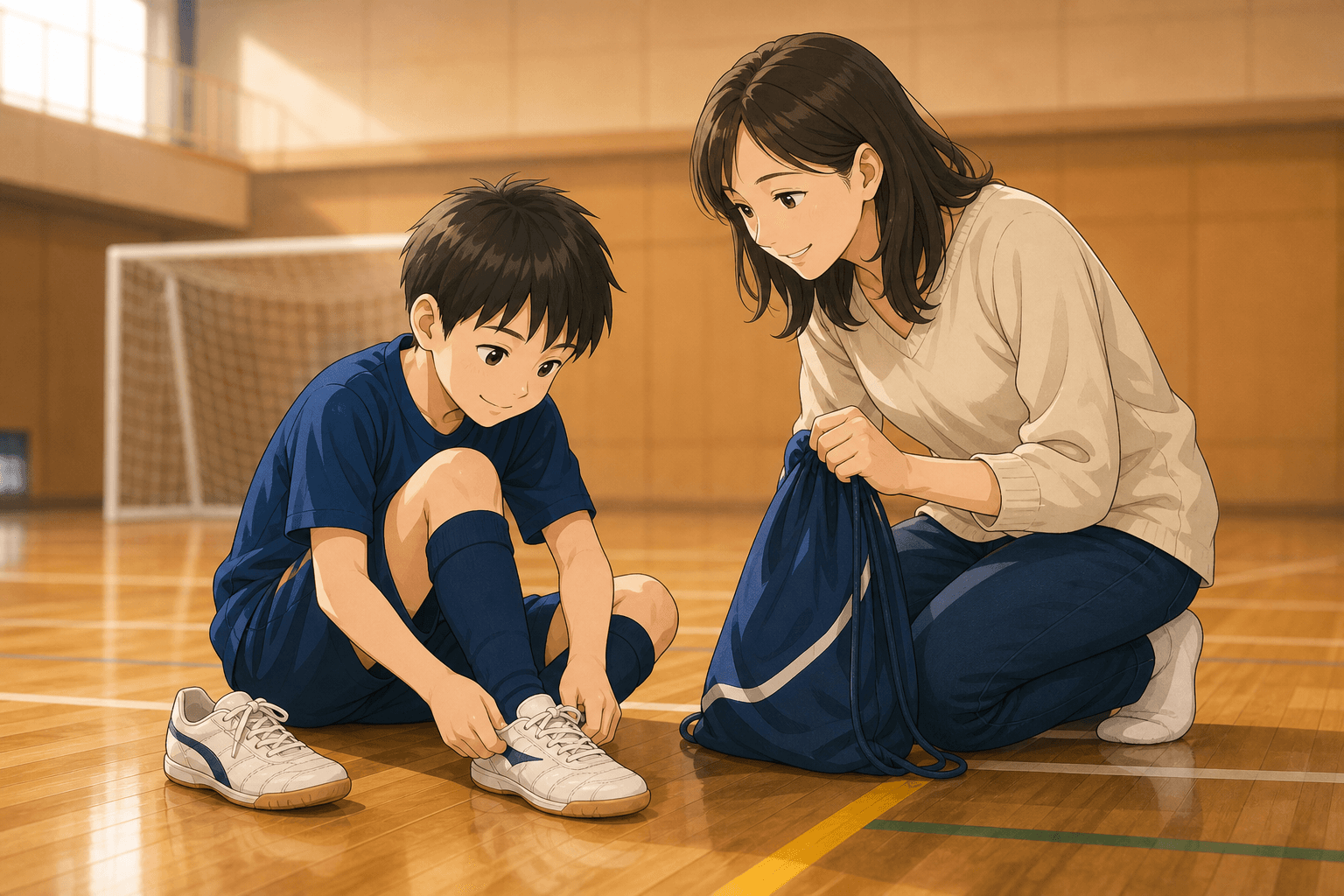 体育館で室内用シューズに履き替える少年と付き添う母親