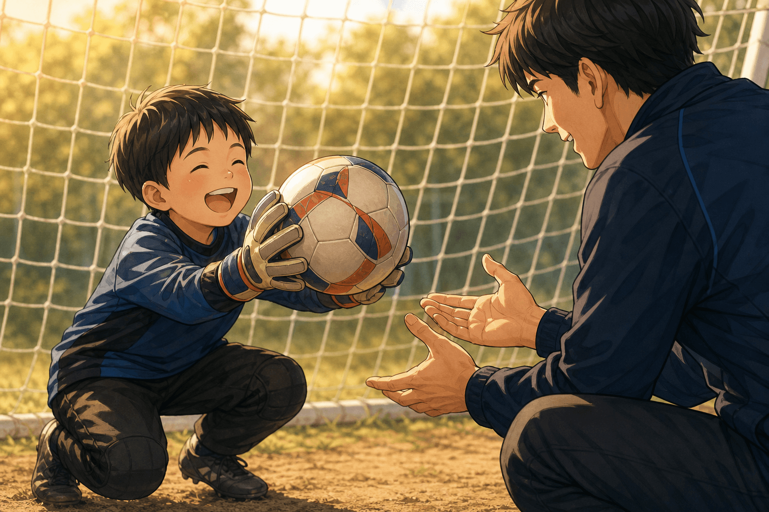 大きなグローブで楽しそうにボールをキャッチする少年とコーチ