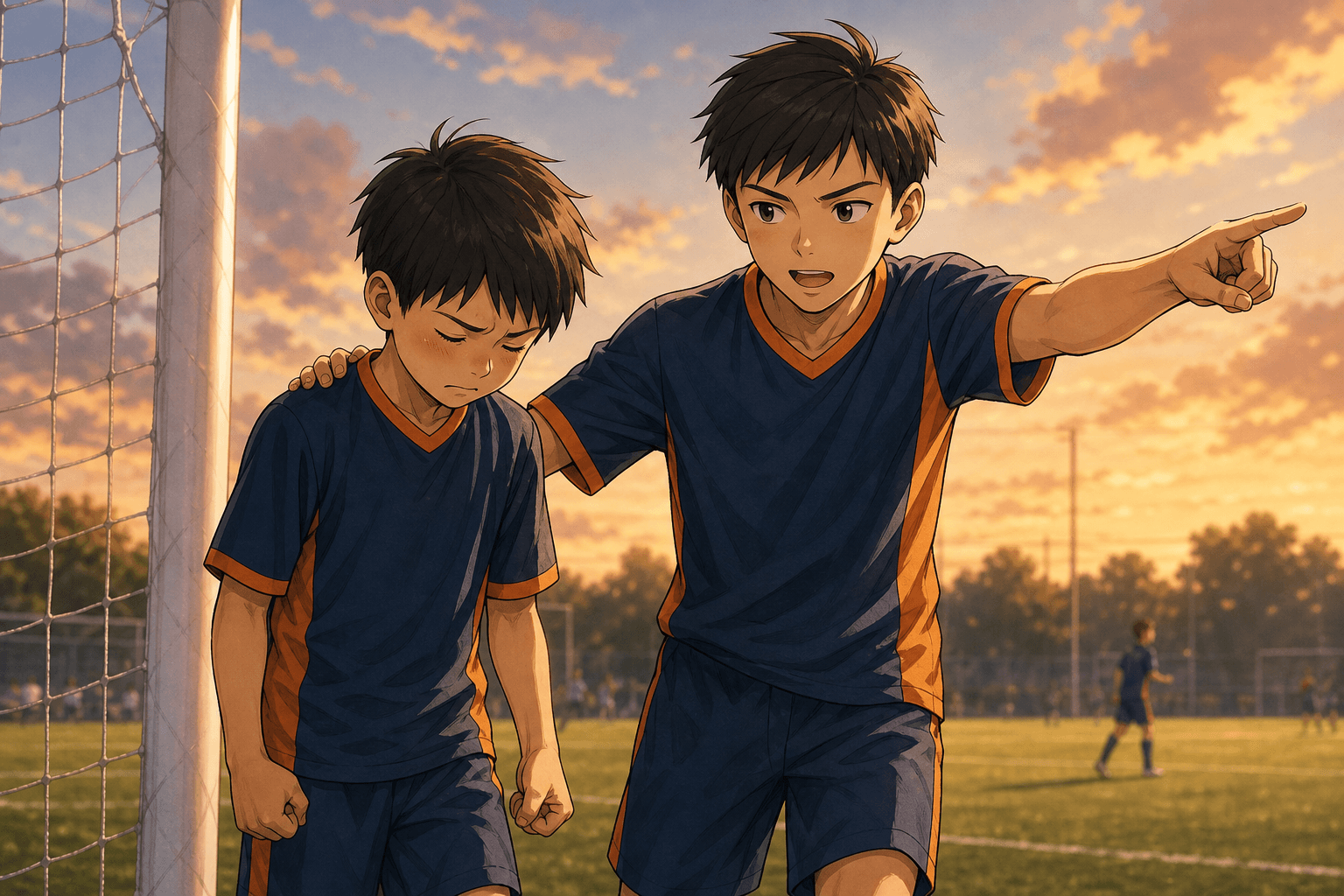 ミスして落ち込む少年の背中を押して前を指す先輩
