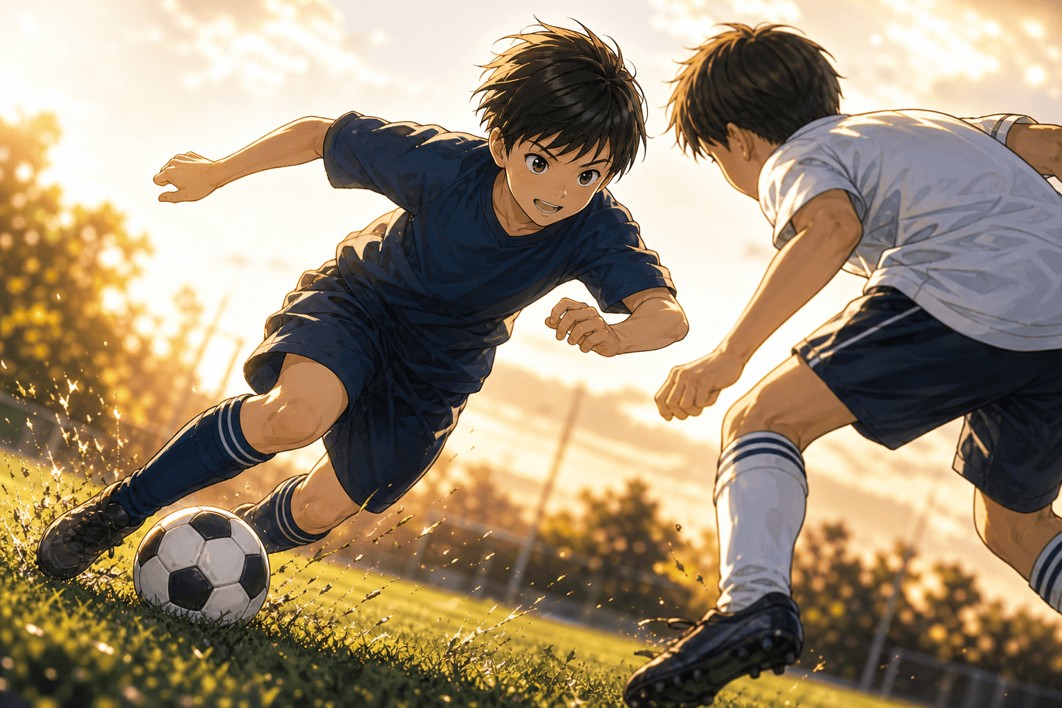 1対1でフェイントを仕掛けて抜きにかかる少年