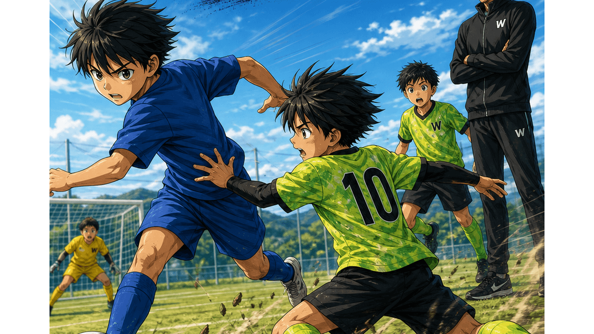 1対1で競り合う少年サッカー選手たち