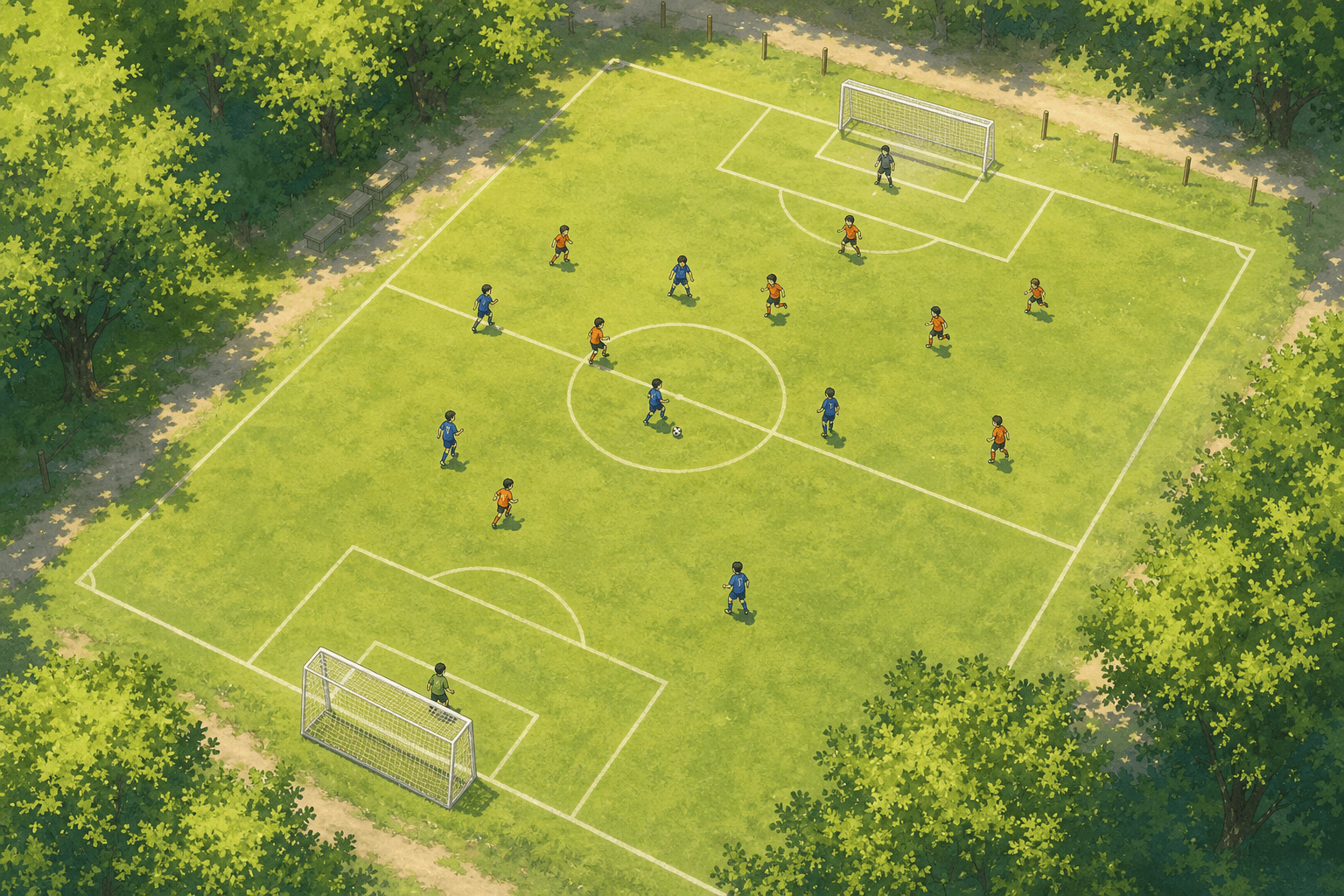8人制のコンパクトなサッカーコートを上空から見た様子