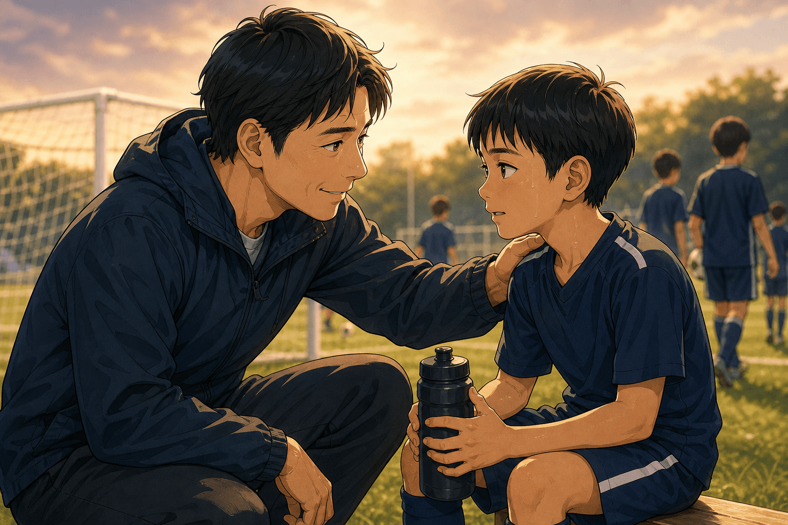 試合後、夕暮れの帰り道で肩を寄せて歩く父と少年