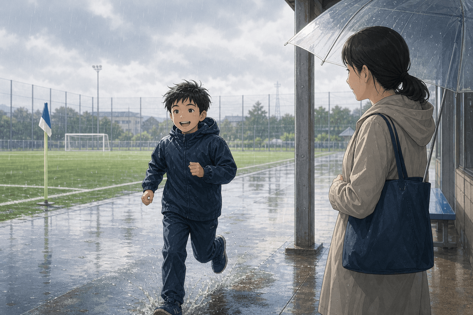 雨の日、レインウェアで元気に走る少年と傘の下で見守る母親