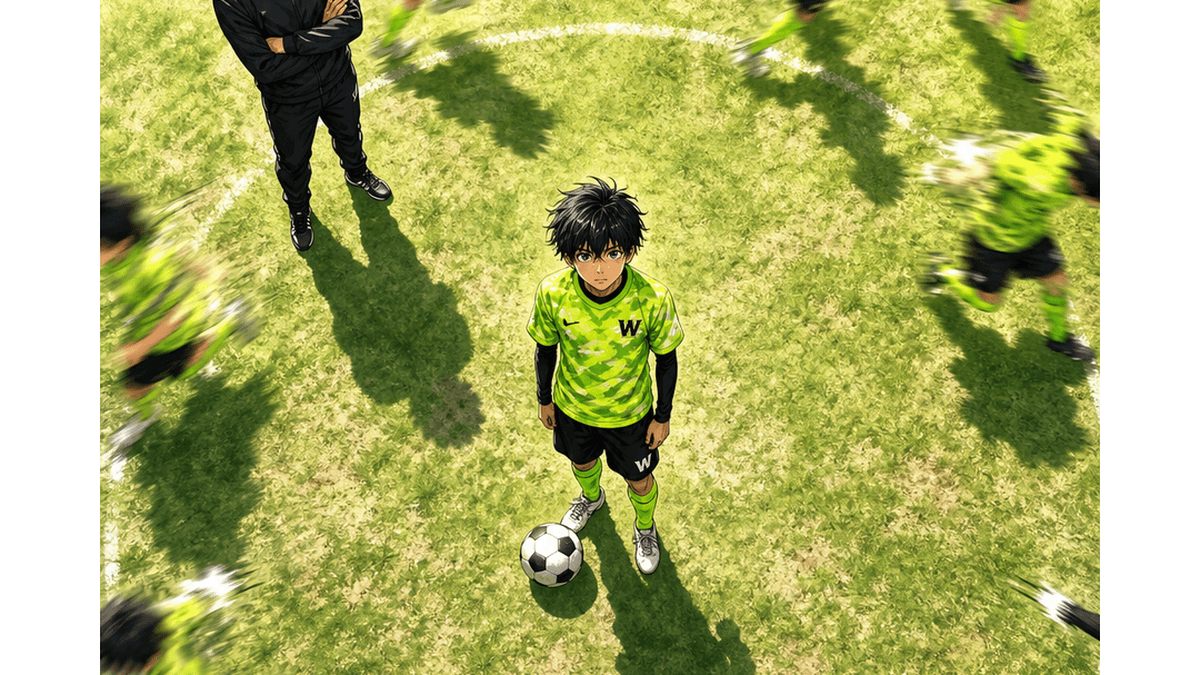 グラウンドを駆け抜ける少年サッカー選手（俯瞰）