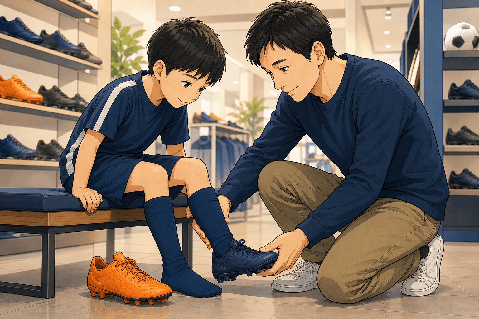 店内のベンチでスパイクを試し履きする少年とつま先を確かめる父