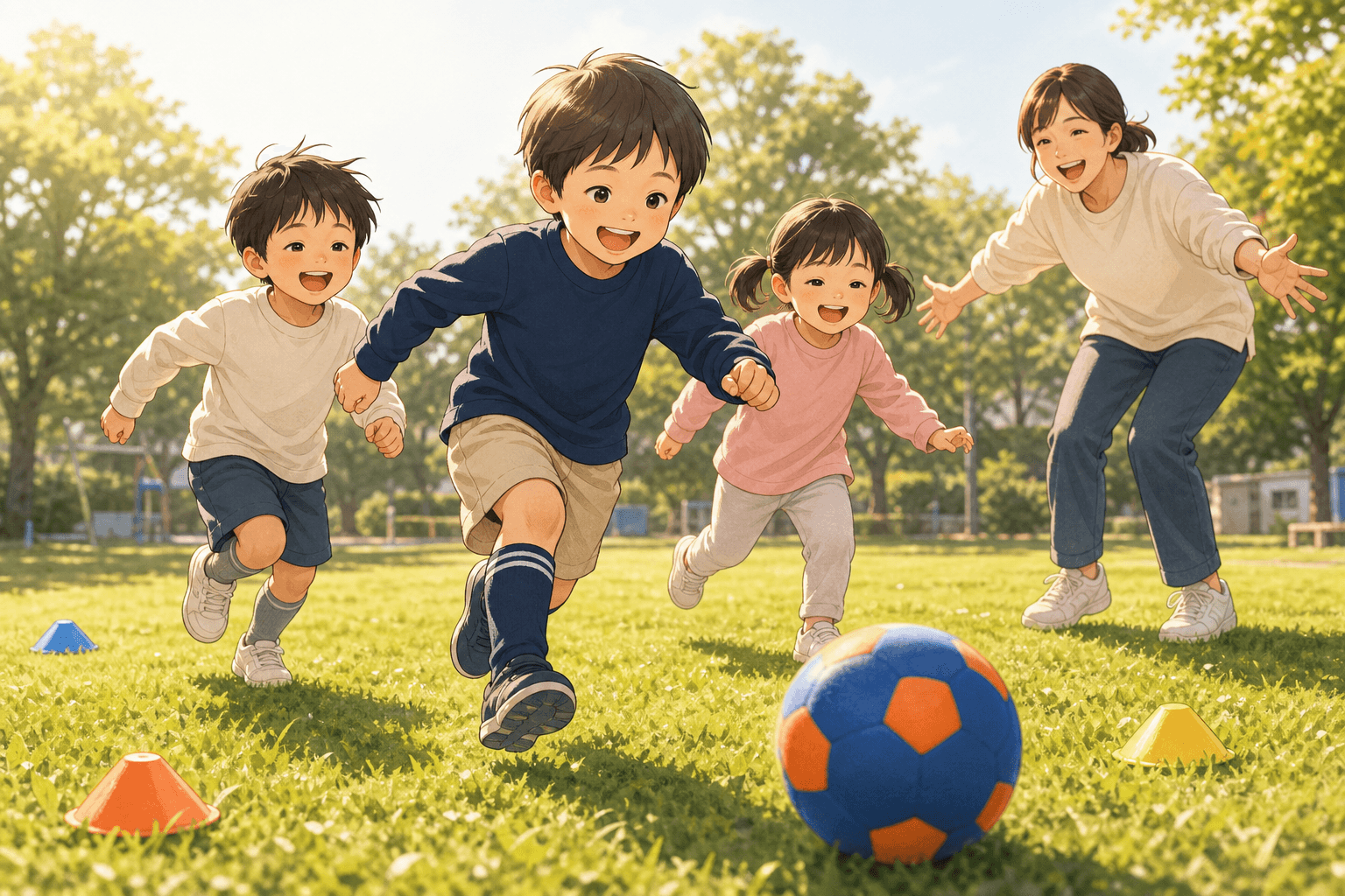 公園でボールを追いかけて夢中で遊ぶ幼児たちと母親