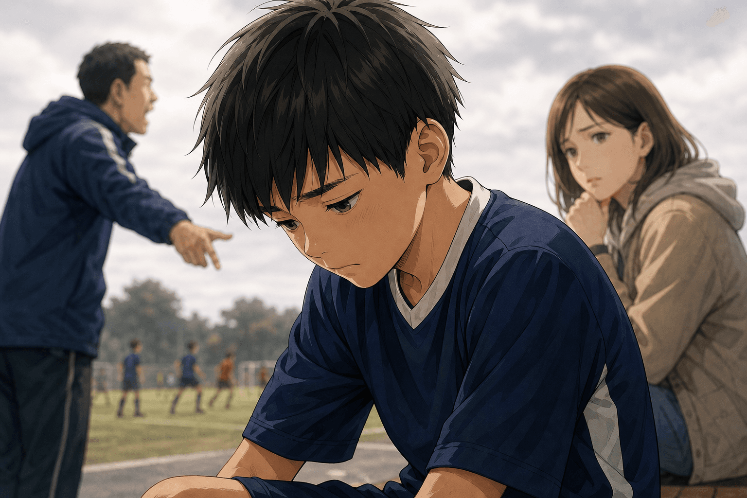 うつむく少年と、離れて心配そうに見守る母親