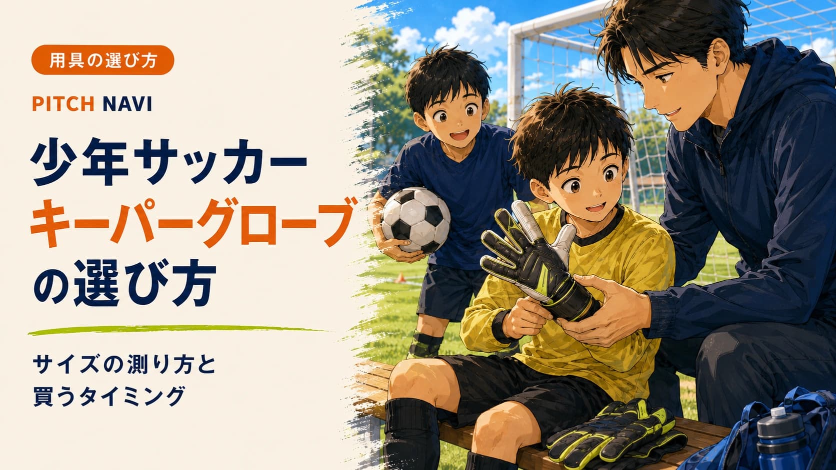 コーチが少年にキーパーグローブのサイズを合わせて見せるアイキャッチ