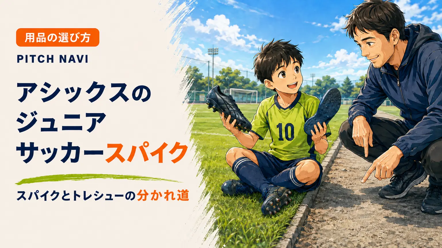 グラウンドの端に座った少年が、スパイクとトレーニングシューズを両手に持って父親と見比べるアイキャッチ