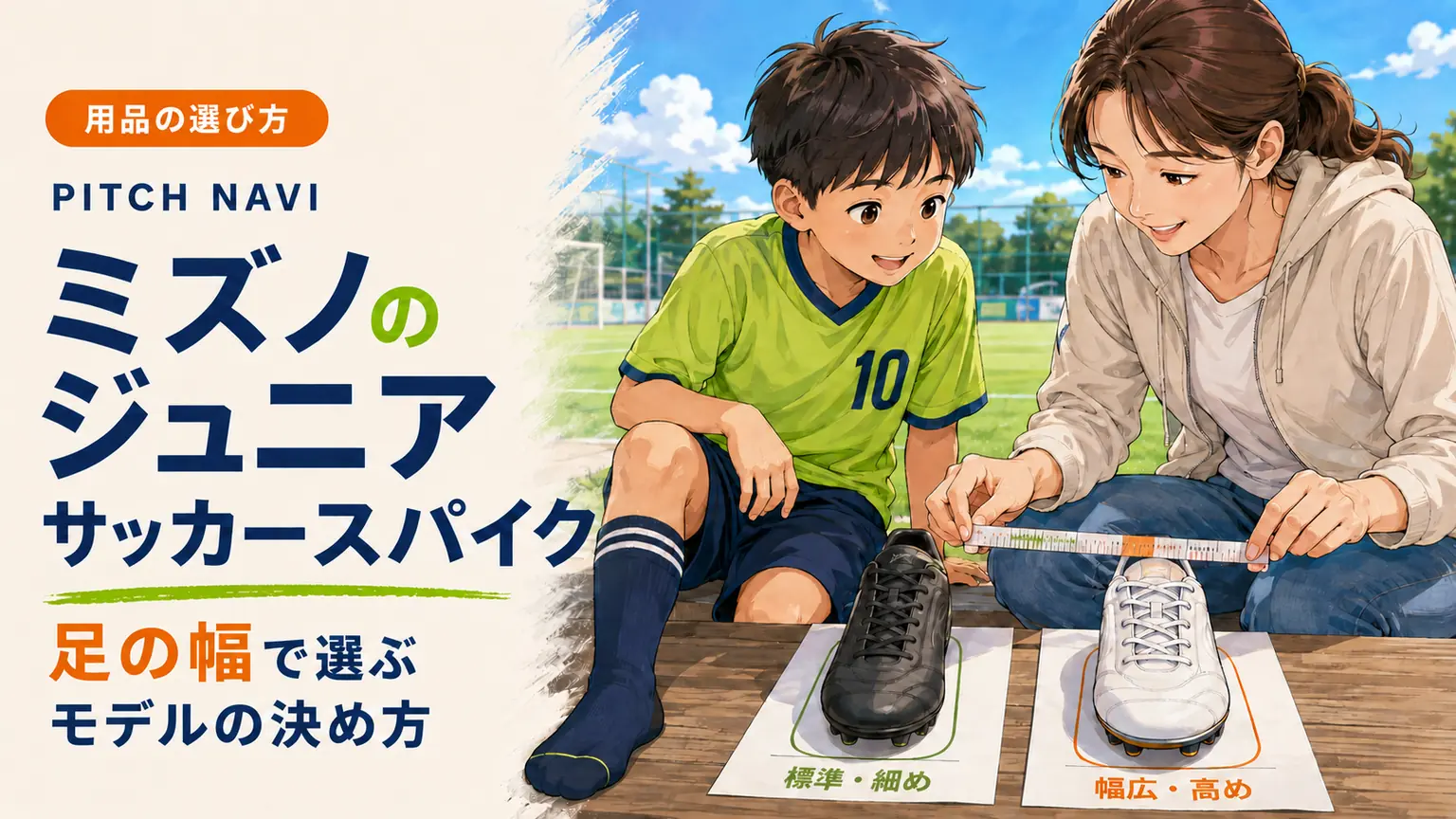 ミズノのジュニア用サッカースパイクを前に、母親がメジャーで子どもの足幅を測り、標準・細めと幅広・高めのモデルを見比べるアイキャッチ