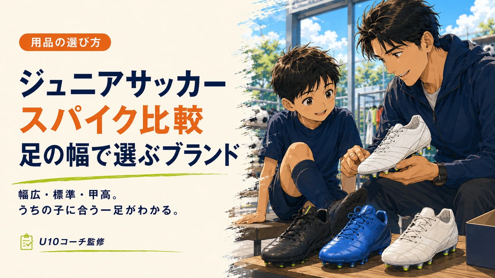 親子が足幅に合うジュニアサッカースパイクを比較するアイキャッチ