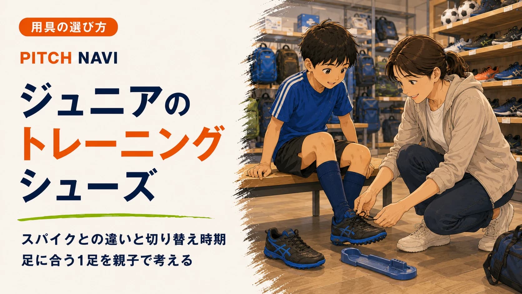 店頭で母親が子どもにトレーニングシューズを履かせるアイキャッチ