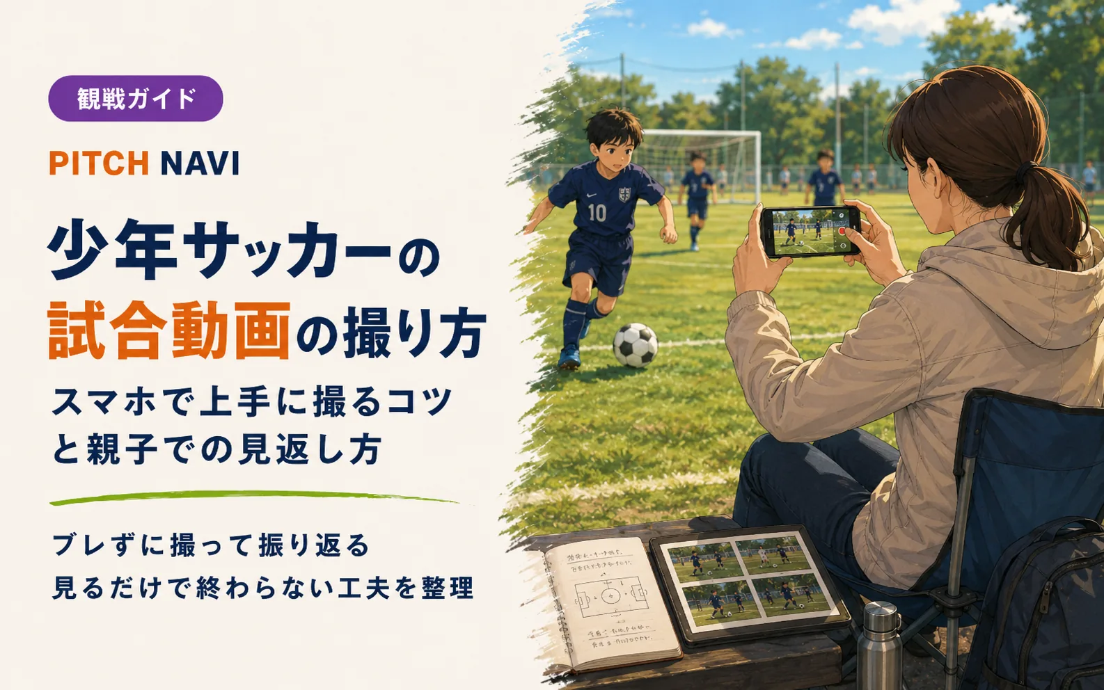 観戦席からスマホを構えて我が子の試合を撮影する母親の、試合動画の撮り方のアイキャッチ
