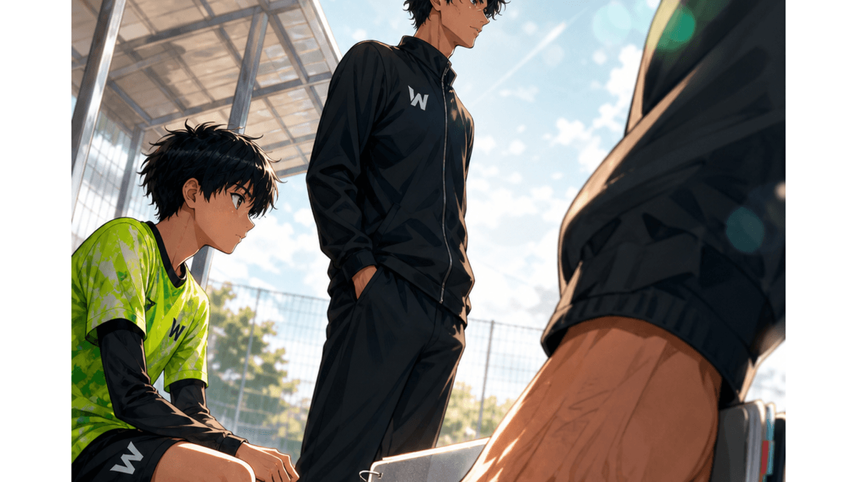 ベンチ脇でコーチと向き合う少年サッカー選手