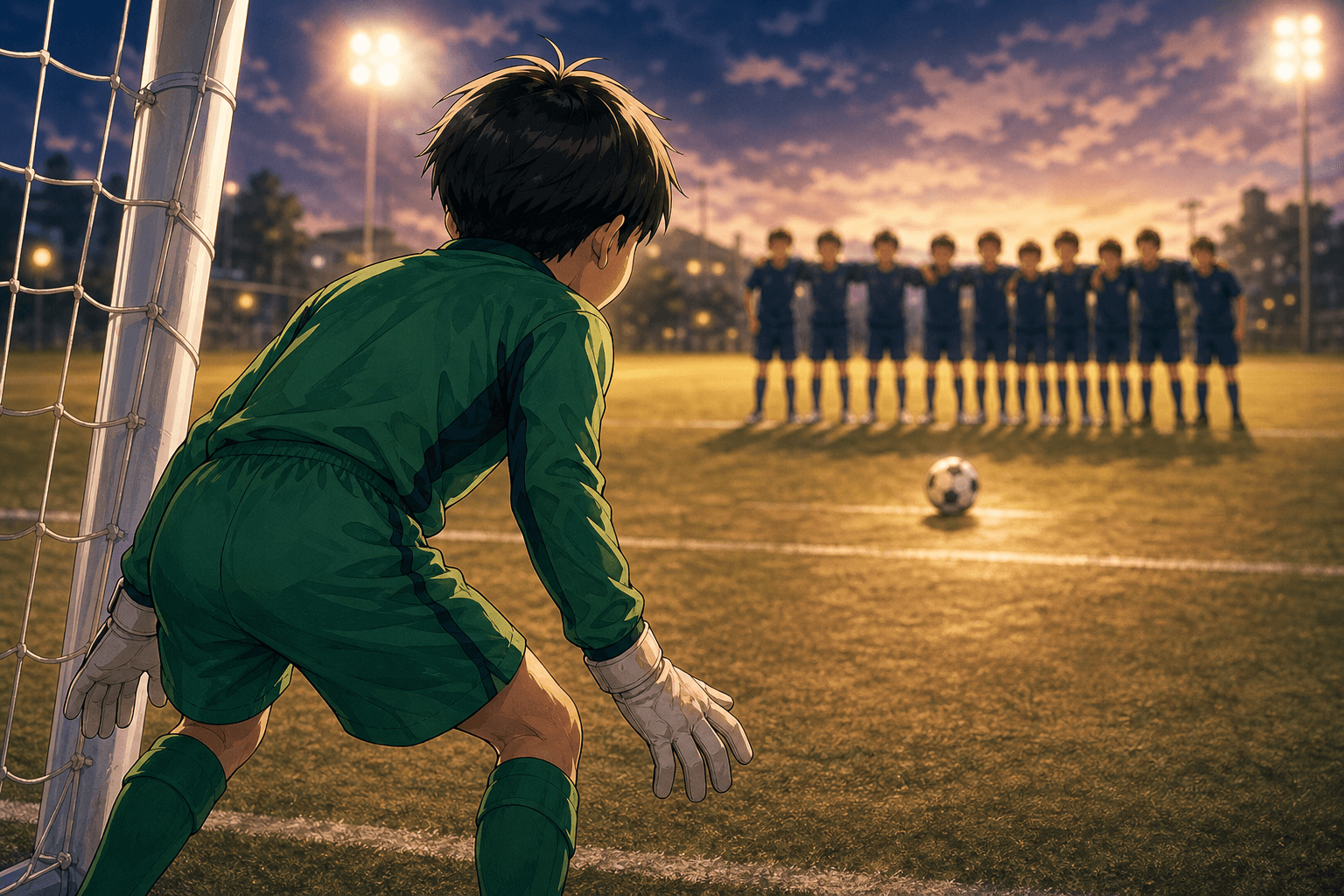 PK戦、ゴール前で身構える少年キーパーと見守るチーム