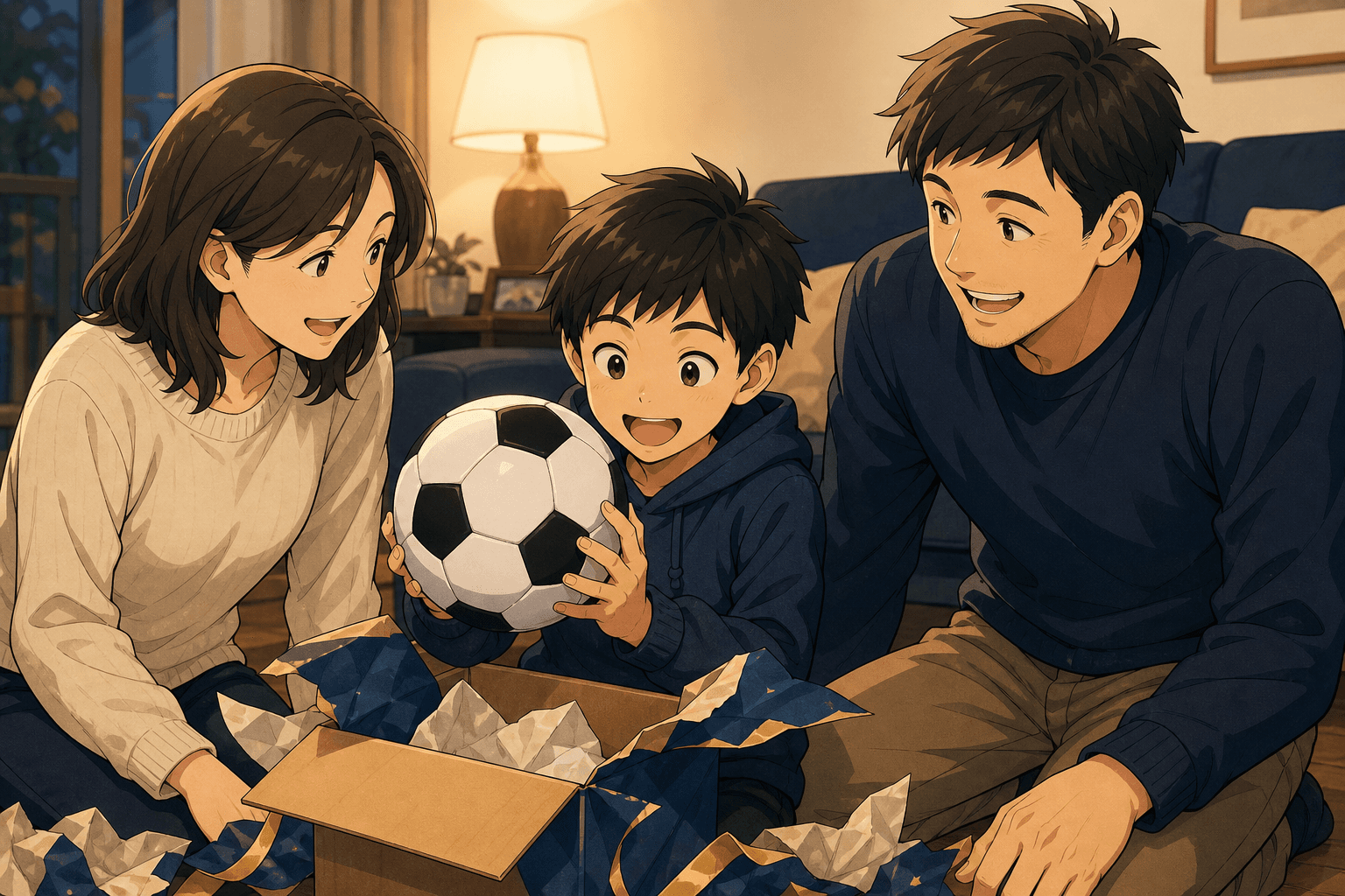 リビングでサッカーボールのプレゼントを喜ぶ少年と両親