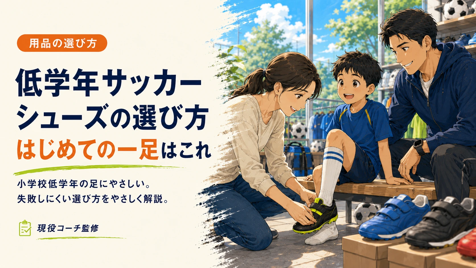 低学年の子どもが親と初めてのサッカーシューズを選ぶアイキャッチ
