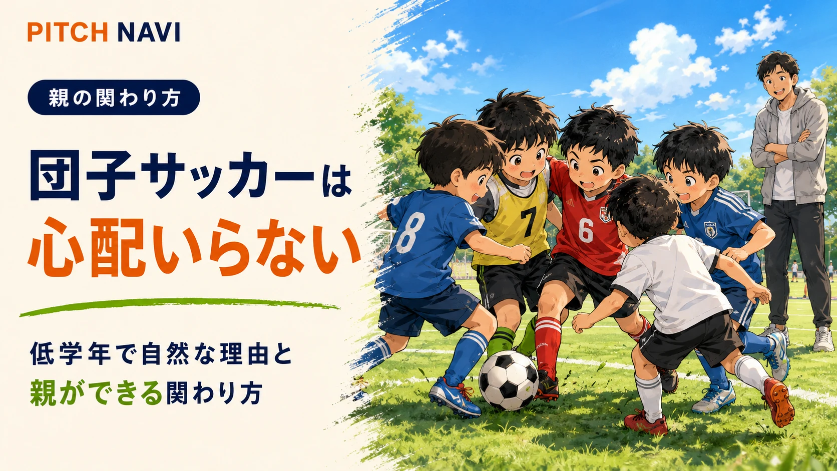 低学年の子どもたちがボールに一斉に群がる団子サッカーのアイキャッチ