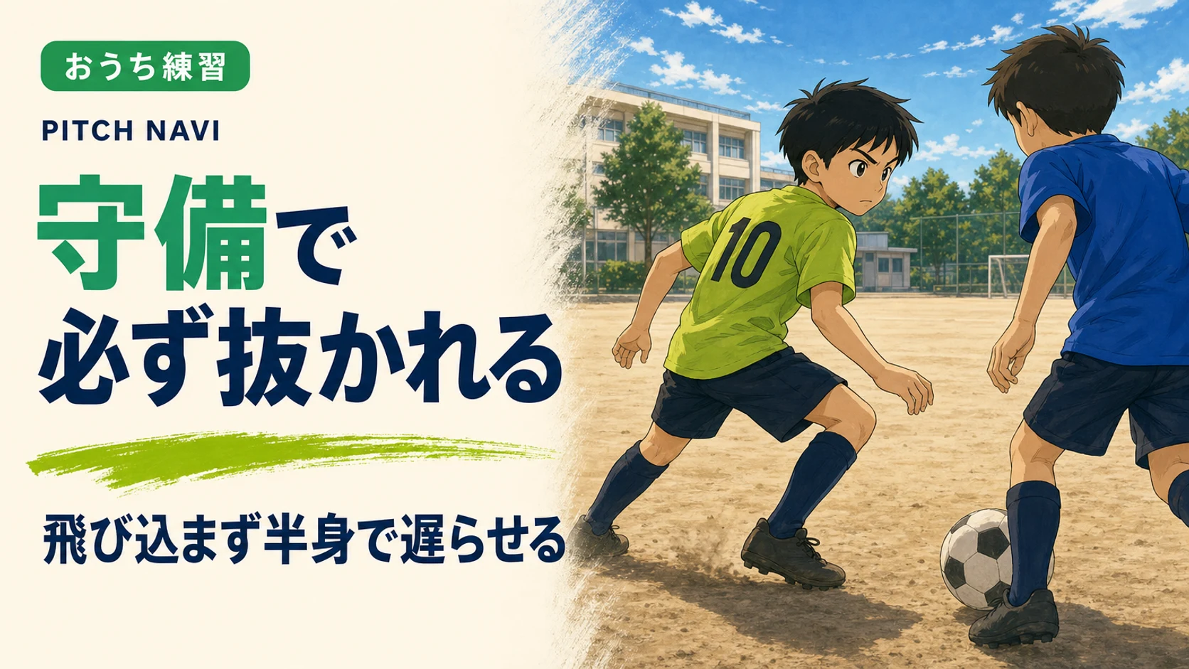 半身の低い構えで飛び込まずに相手を遅らせる少年ディフェンダーと、ボールを持つ相手のアイキャッチ