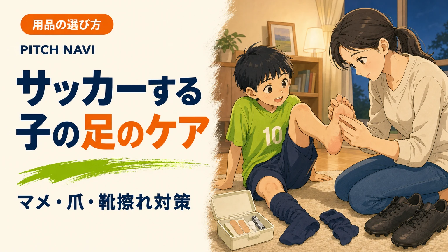 練習後に自宅で足の裏と爪を確認してもらう少年と、救急箱を開けた母親のアイキャッチ