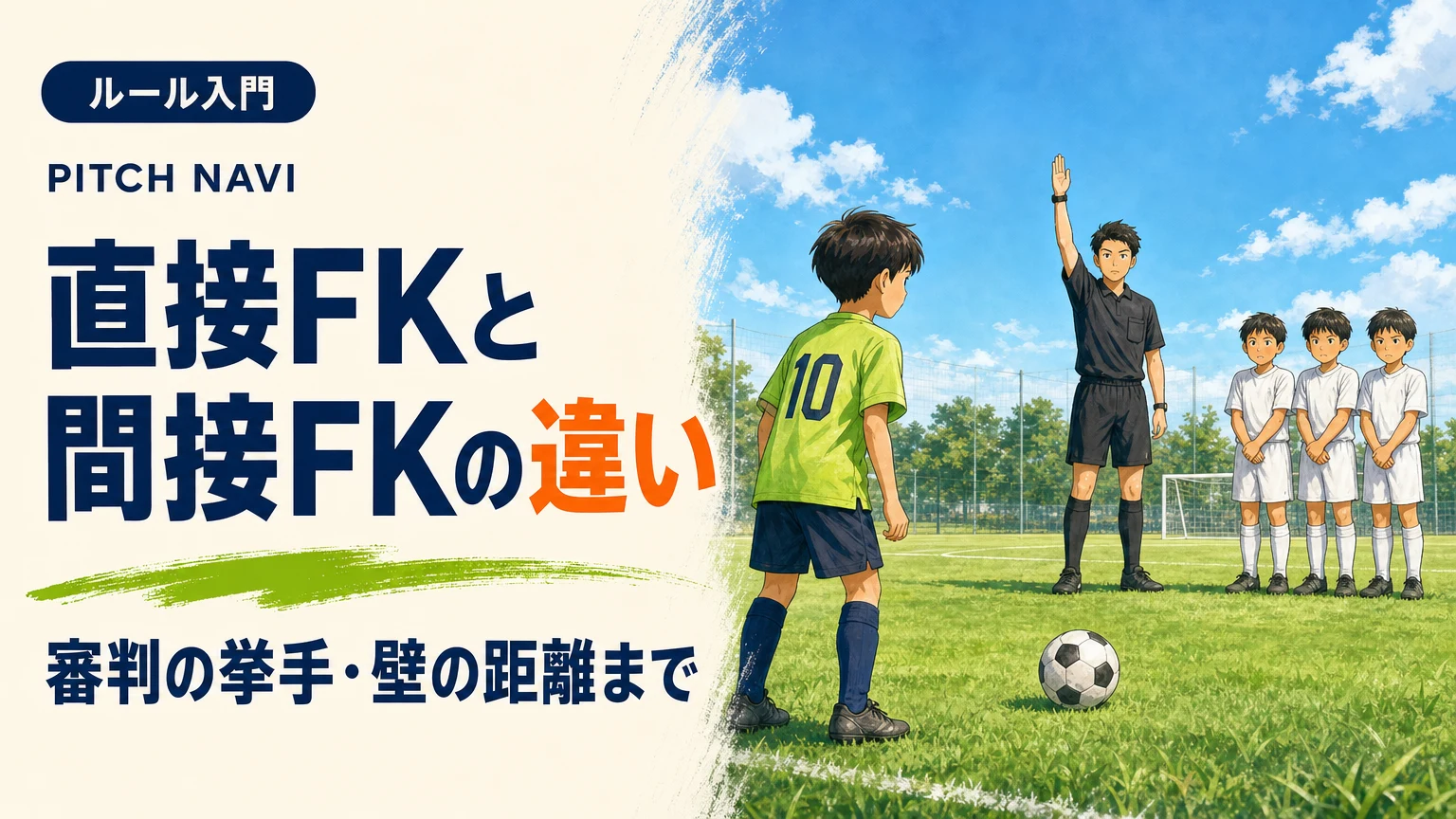 審判が片手を真上に挙げ、白い壁が並ぶ間接フリーキックの場面のアイキャッチ