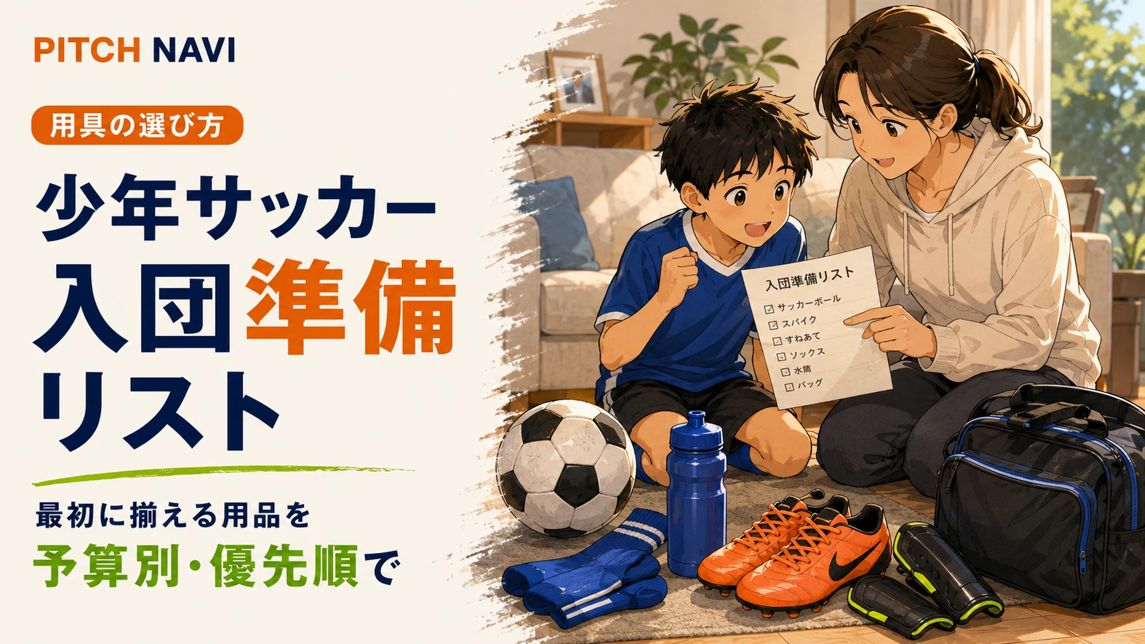 入団準備リストを見ながら親子でサッカー用品をそろえるアイキャッチ