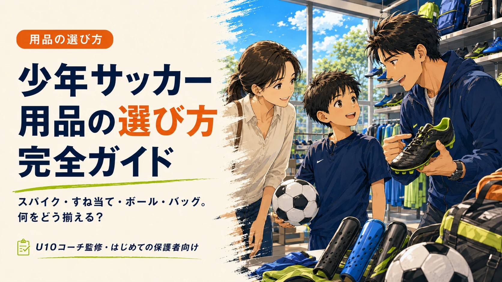 親子が少年サッカー用品を選ぶ場面を描いた用品選び完全ガイドのアイキャッチ