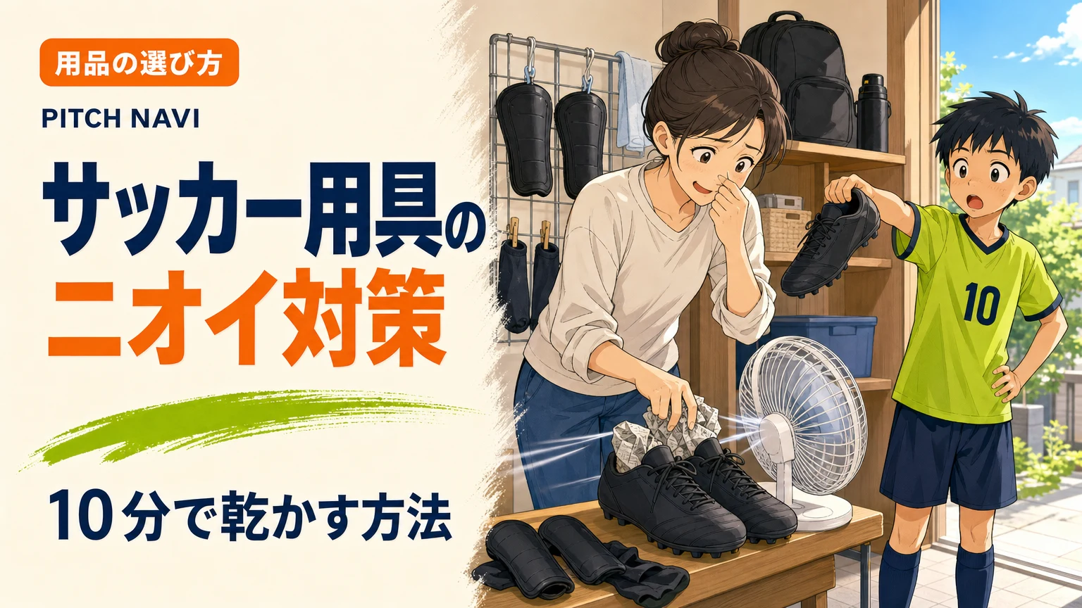 玄関先でスパイクに新聞紙を詰め、扇風機で乾かすニオイ対策をする母子のアイキャッチ