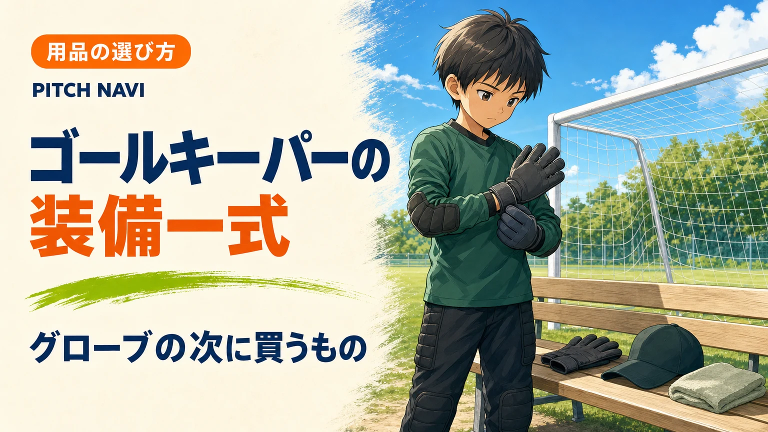 パッド入りのキーパーシャツとグローブを着けた少年と、ベンチに並ぶ予備の装備一式のアイキャッチ