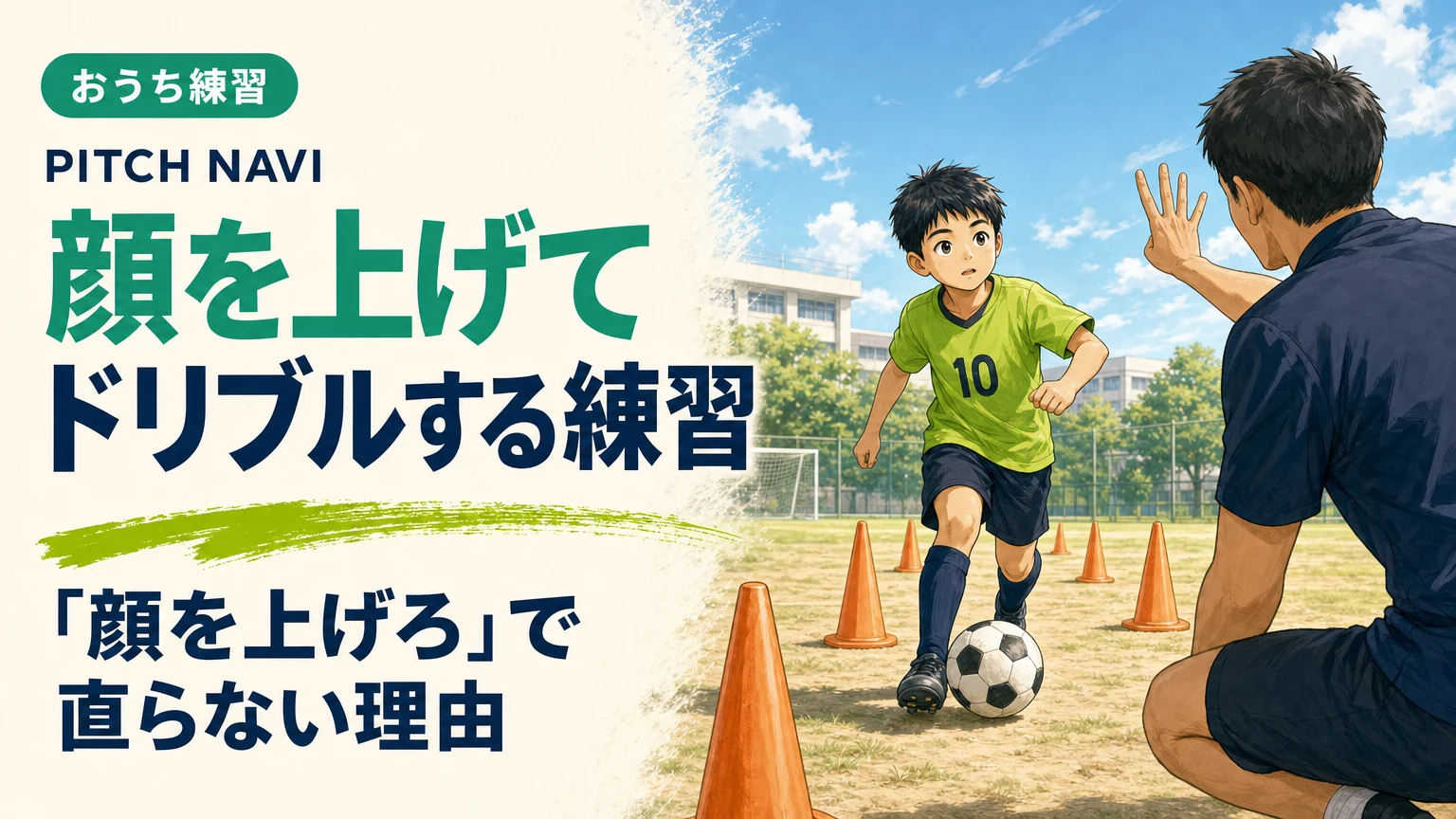 コーチが立てた指を読みながら、顔を上げてドリブルする少年のアイキャッチ