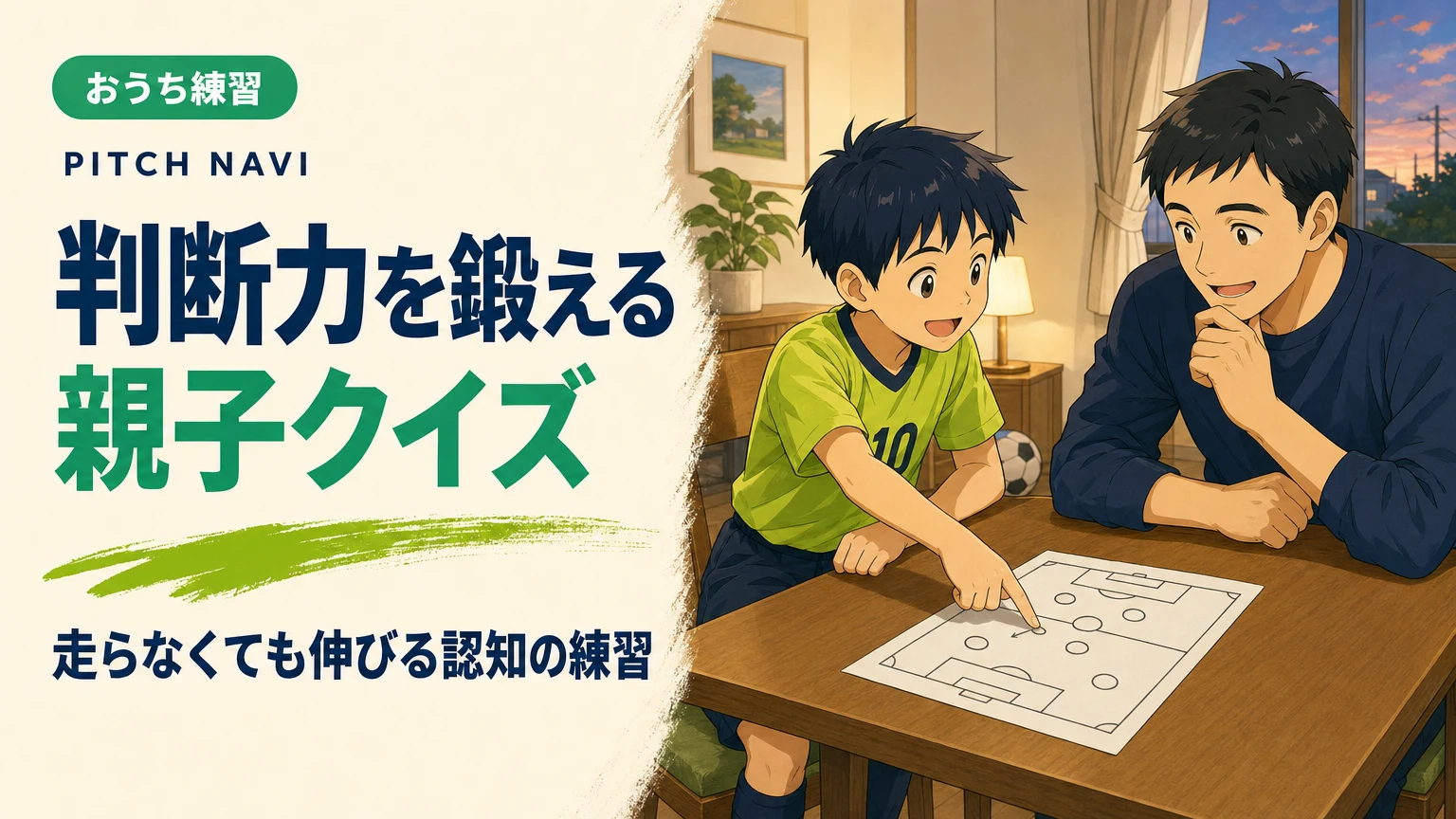 テーブルに置いた手描きのコート図を指さして、どこへ出すかを選ぶ少年と父親のアイキャッチ