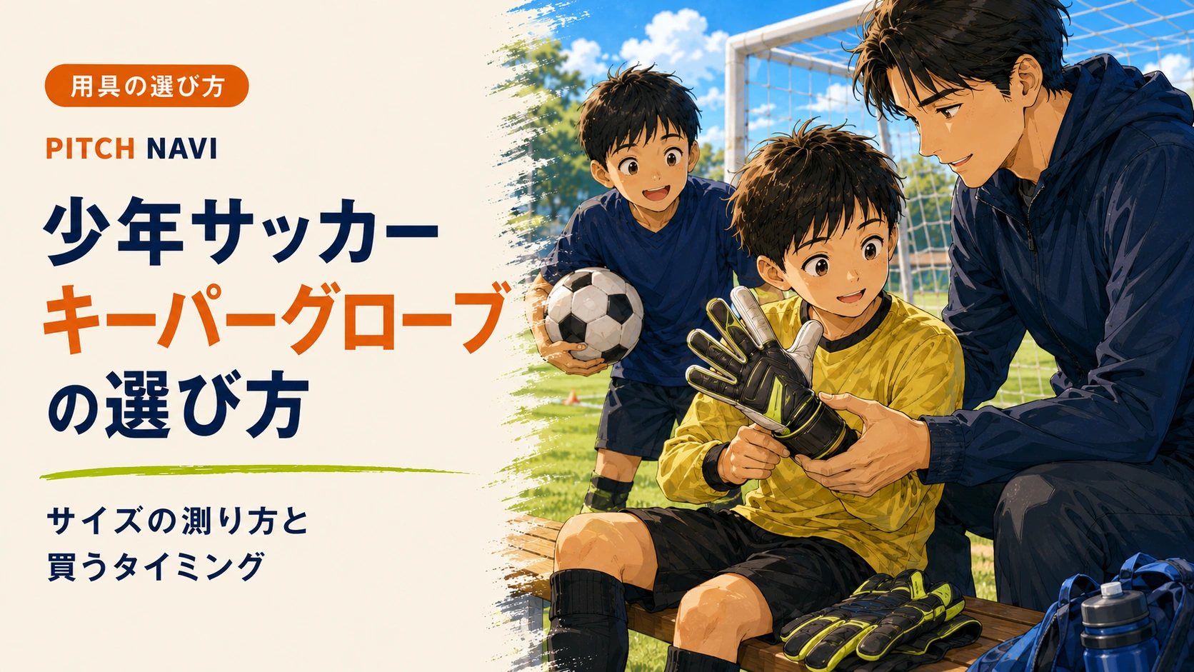 コーチが少年にキーパーグローブのサイズを合わせて見せるアイキャッチ