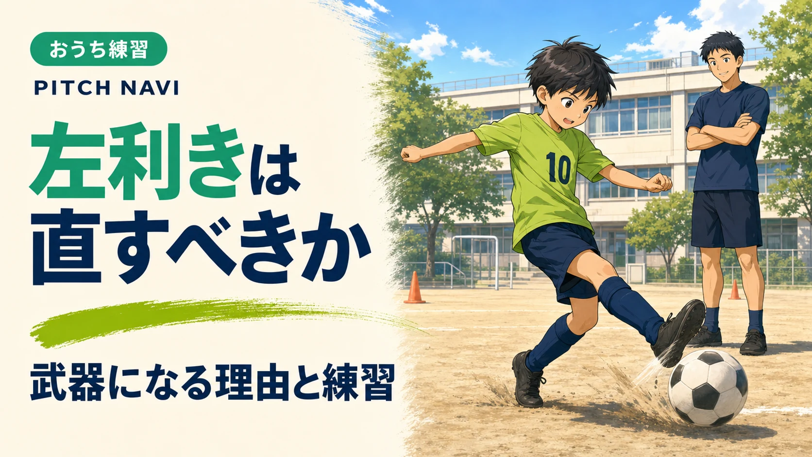 左足で強くボールを蹴る少年と、直そうとせず腕を組んで見守るコーチのアイキャッチ