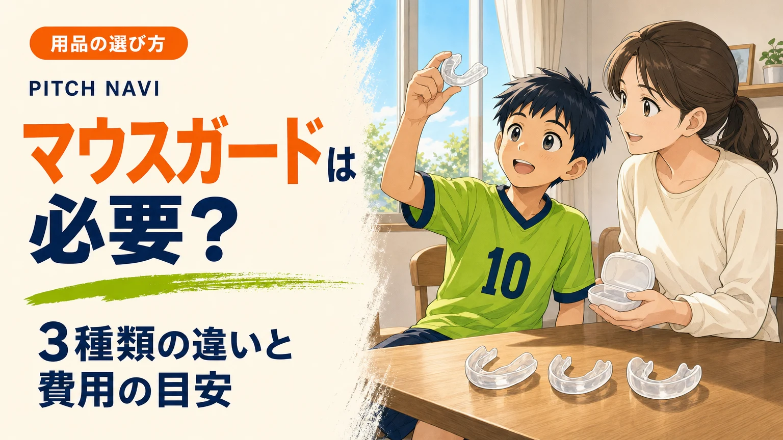 透明のマウスガードを光にかざす少年と、3種類を並べて見比べる食卓のアイキャッチ