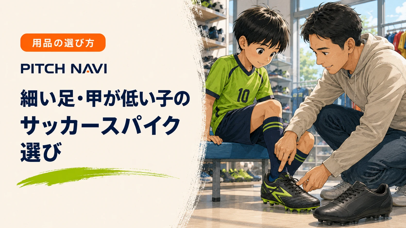 スポーツ店のベンチで、細い足の子のスパイクのフィットを父親が指で確かめているアイキャッチ