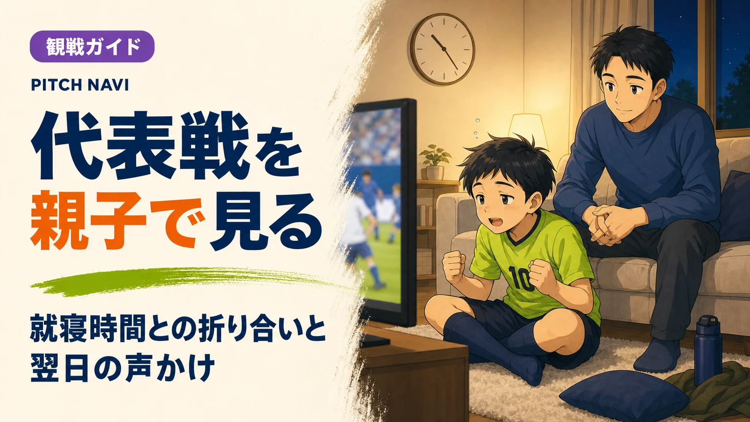 夜遅くのリビングで代表戦に見入る少年と、時計を気にしつつ寄り添う父親のアイキャッチ