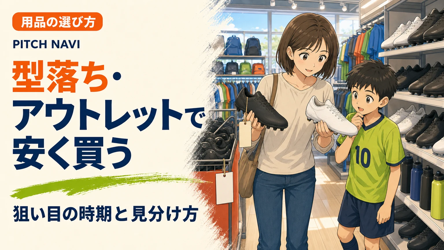 スポーツ店で見切り品と通常棚のスパイクを見比べる母親と少年のアイキャッチ