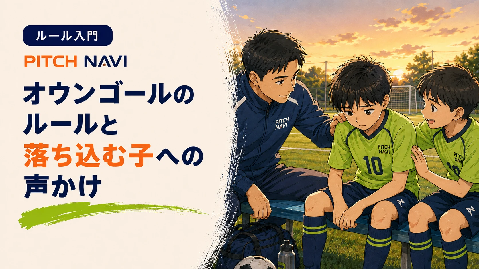 夕暮れのベンチでうつむく少年の肩にコーチが手を置き、仲間も声をかけているアイキャッチ