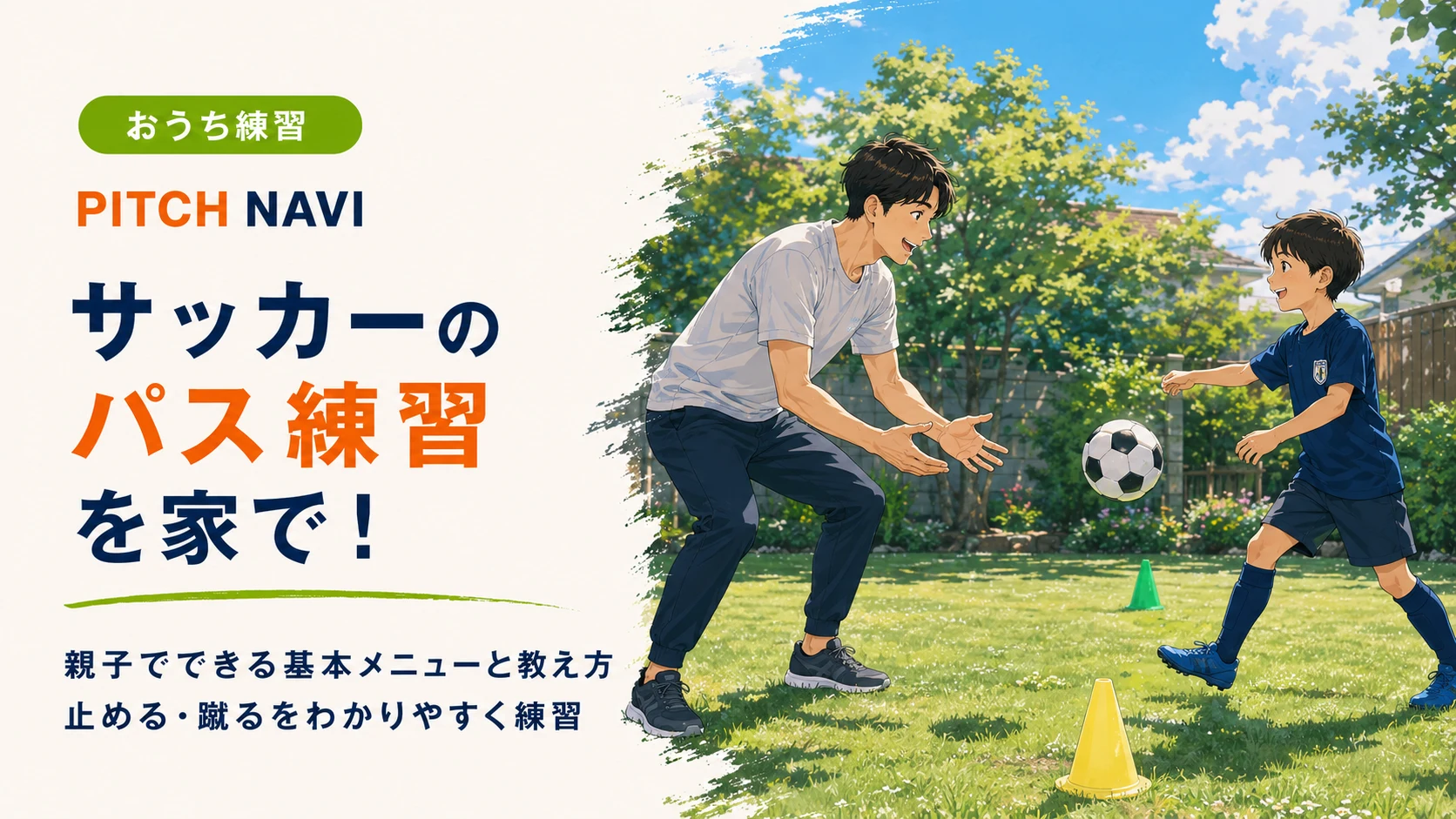 庭で父と子が向かい合ってパス練習をするアイキャッチ
