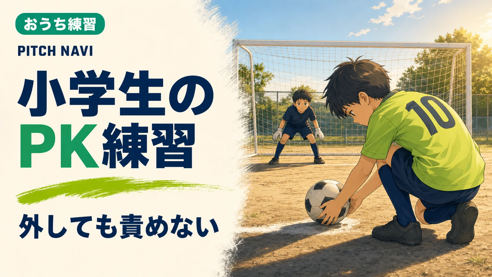 誰もいないグラウンドでペナルティマークにボールを置く少年と、ゴールで構える友達のアイキャッチ