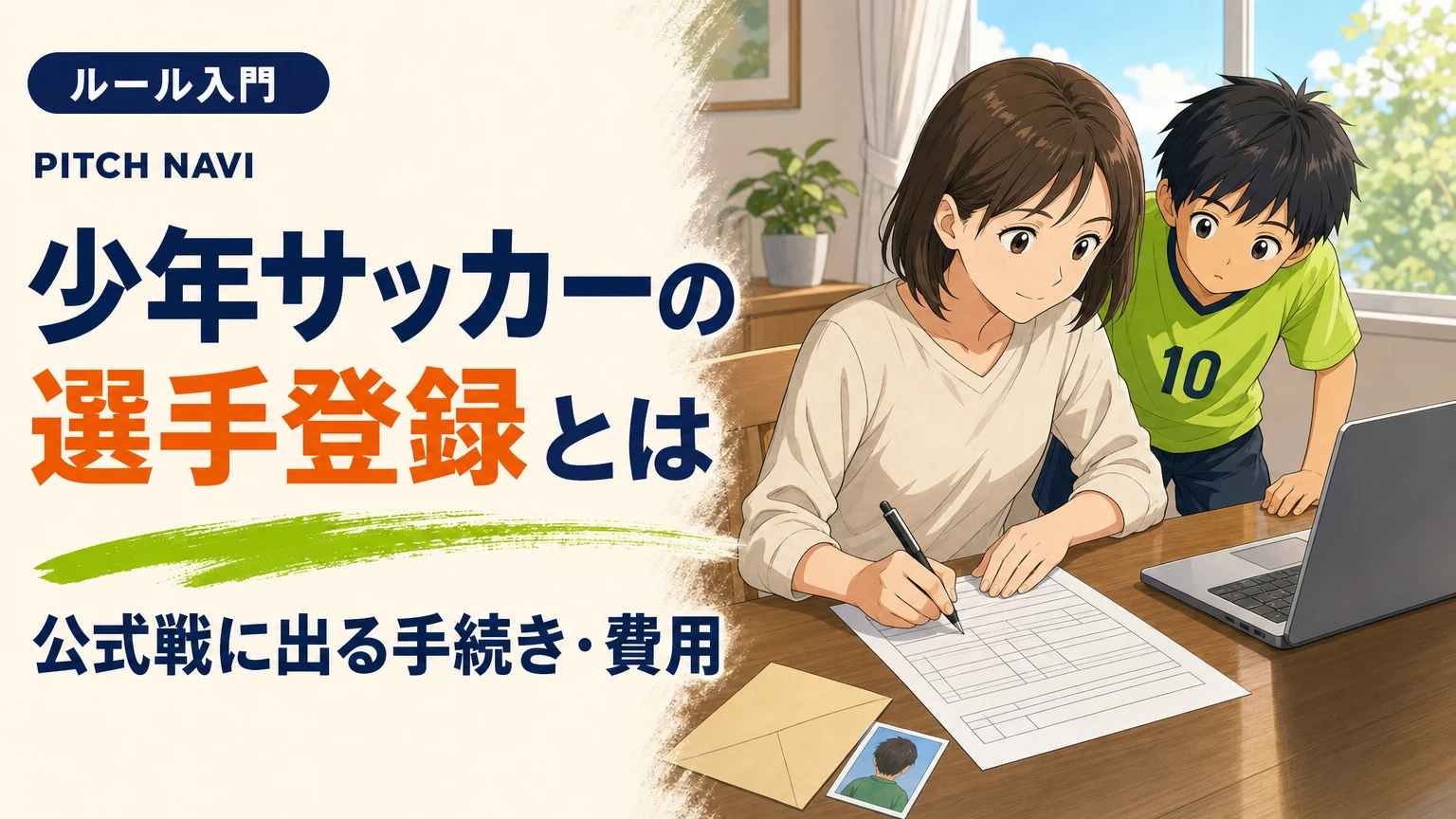 食卓で選手登録の書類に記入する母親と、後ろから覗き込む少年のアイキャッチ