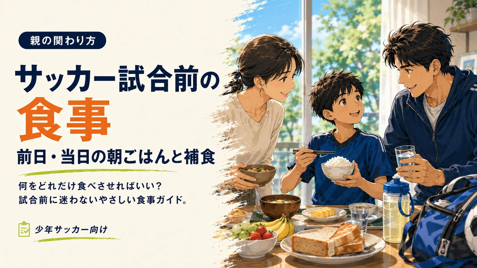 試合前に親子で朝ごはんを食べる少年サッカー向け食事ガイドのアイキャッチ
