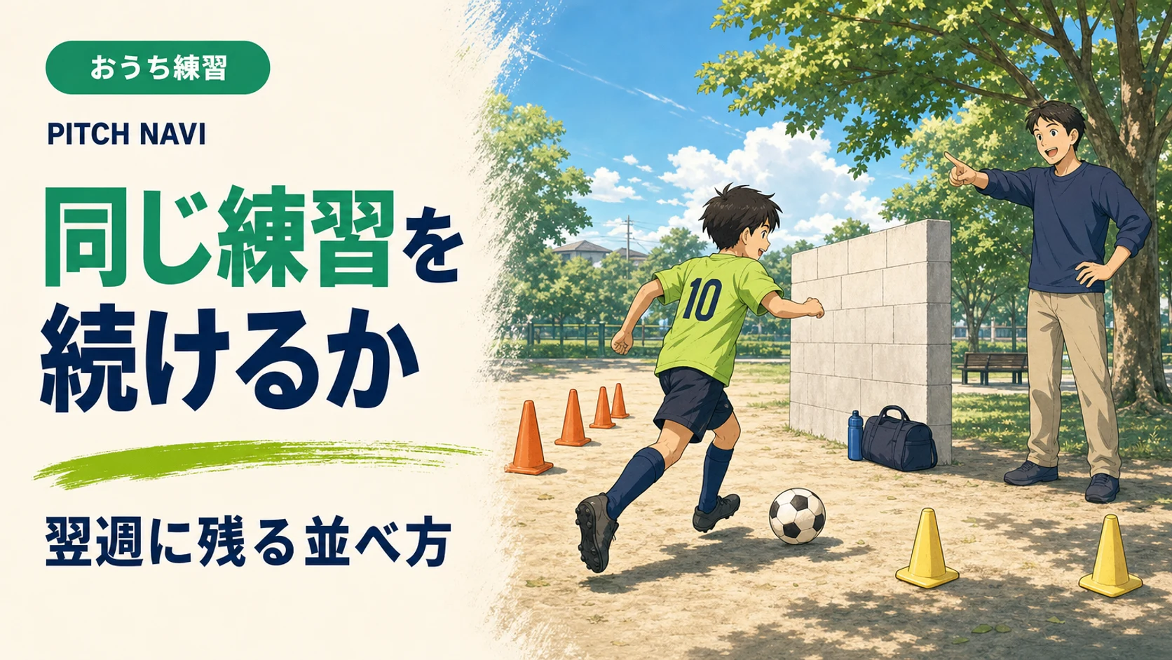 コーン・壁・小さなゴールを1か所に並べ、次にやる練習を父親が指さすアイキャッチ