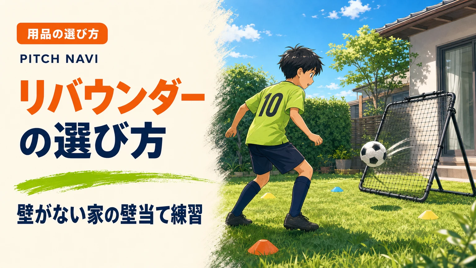 庭に置いたリバウンドネットに蹴り込み、跳ね返るボールを受けようとする少年のアイキャッチ