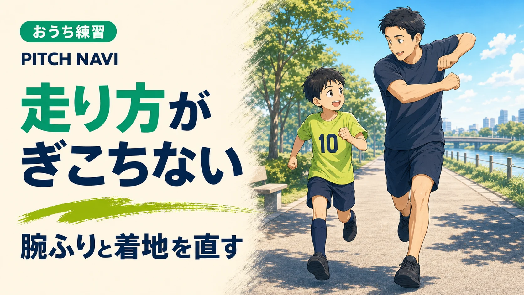 河川敷の遊歩道でゆっくり走る少年の横で、腕ふりを大きく見せて走る父親のアイキャッチ