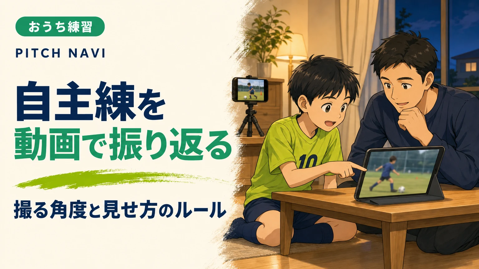 スマホで撮った自主練の動画をタブレットで見返し、自分の動きを指さす少年と父親のアイキャッチ