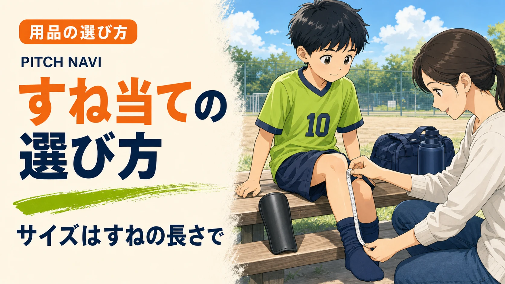 ベンチに座った子どものすねの長さをメジャーで測る母親と、傍らに置かれたすね当てのアイキャッチ